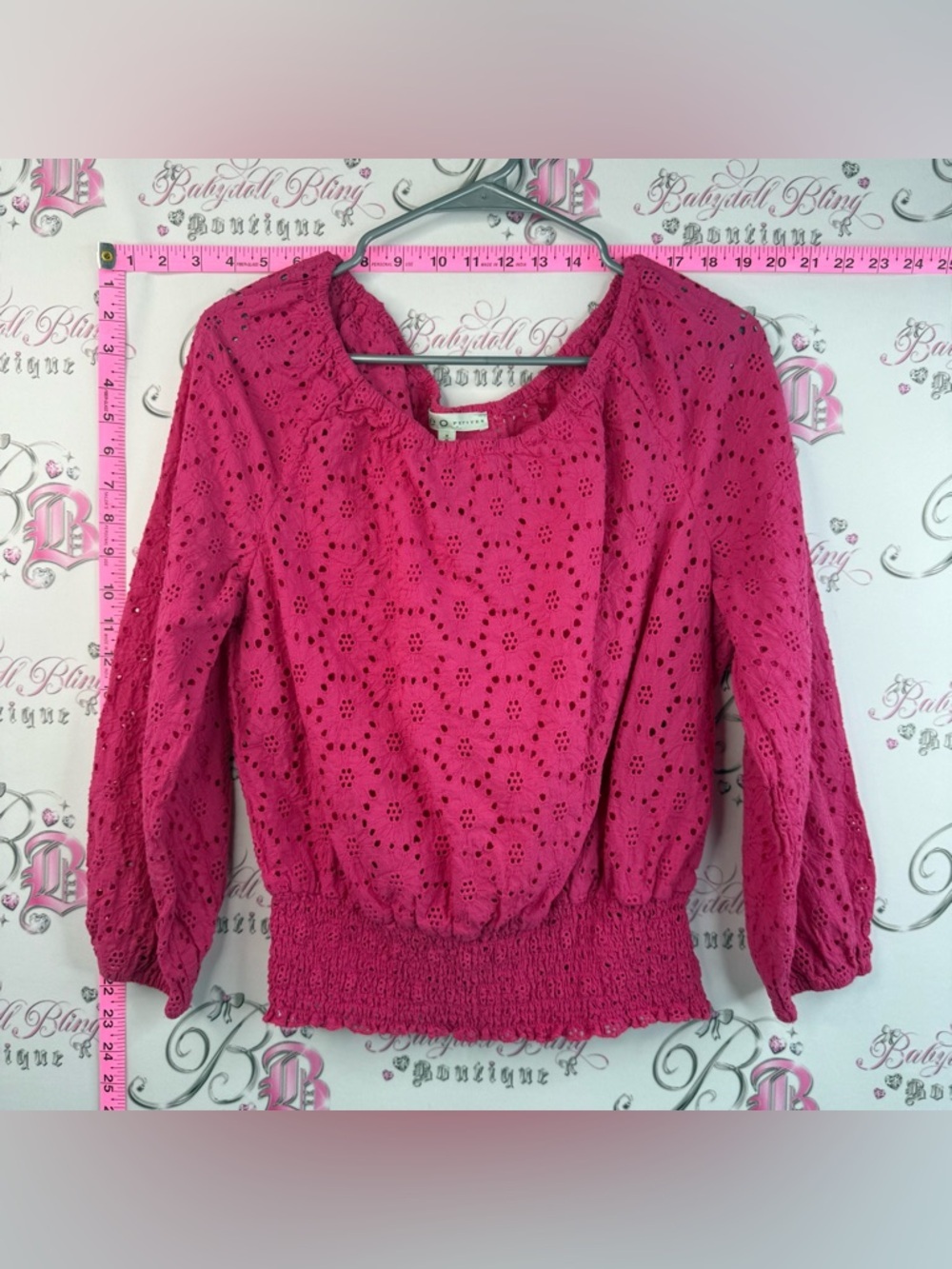 cleo long sleeve shirt, crochet look, smocked Fuchsia Eyelet Peasant Blouse
